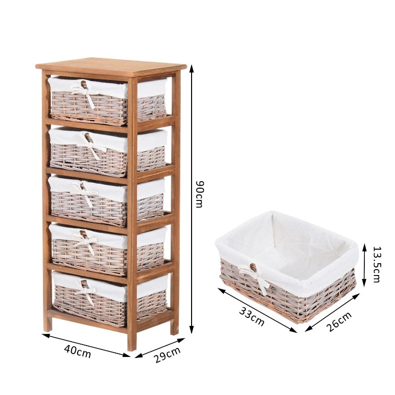 Natural Finish 5-Drawer Cabinet – Wicker Storage, Wooden Frame