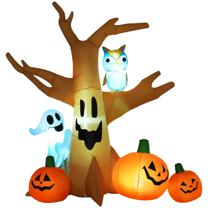 Halloween Inflatable Tree 240cm with Ghost, Owl & Pumpkins – LED Lit