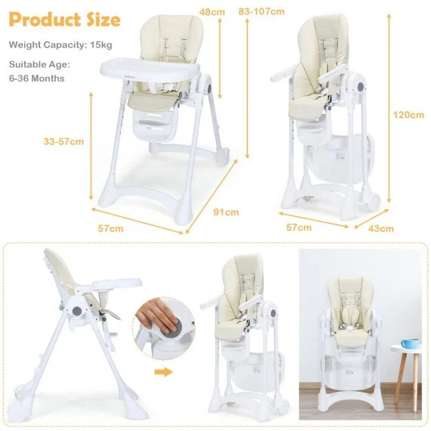Folding Highchair for Baby and Toddler with Adjustable Height and Comfortable Seat