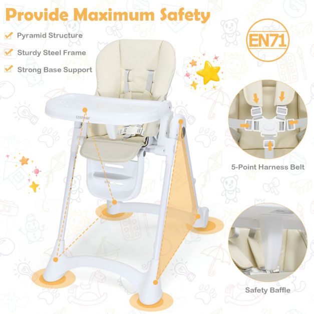 Folding Highchair for Baby and Toddler with Adjustable Height and Comfortable Seat