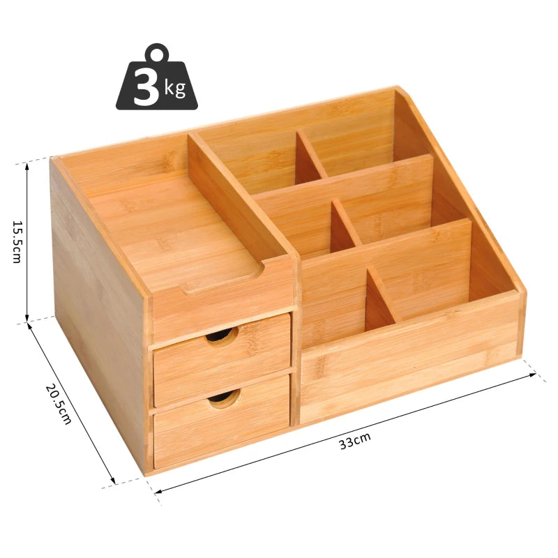 Bamboo Desk Organiser with 7 Compartments & 2 Drawers