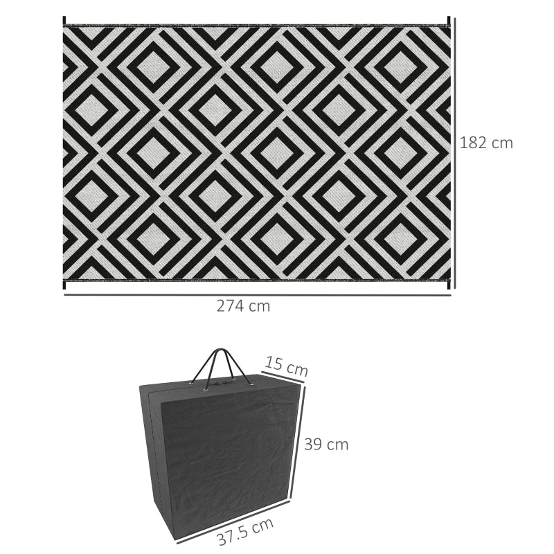 Outdoor Reversible Rug with Carry Bag & Stakes – 182x274cm Black Straw Mat