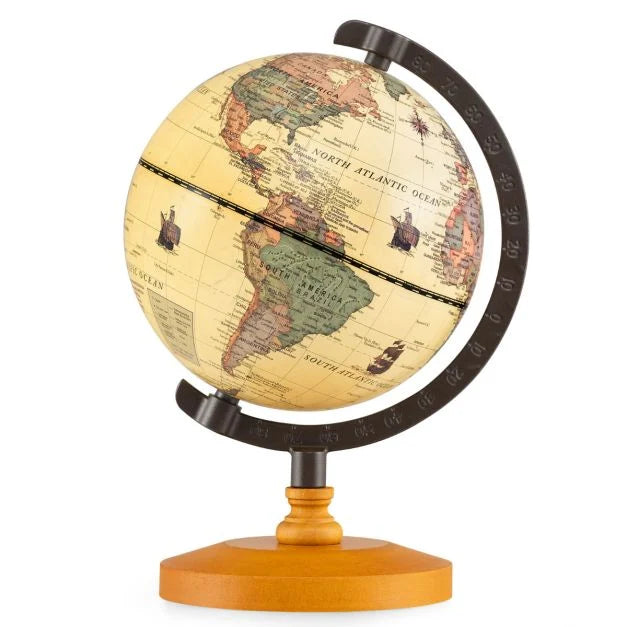 Antique-Style 14cm Globe with Wooden Base and Modern World Map