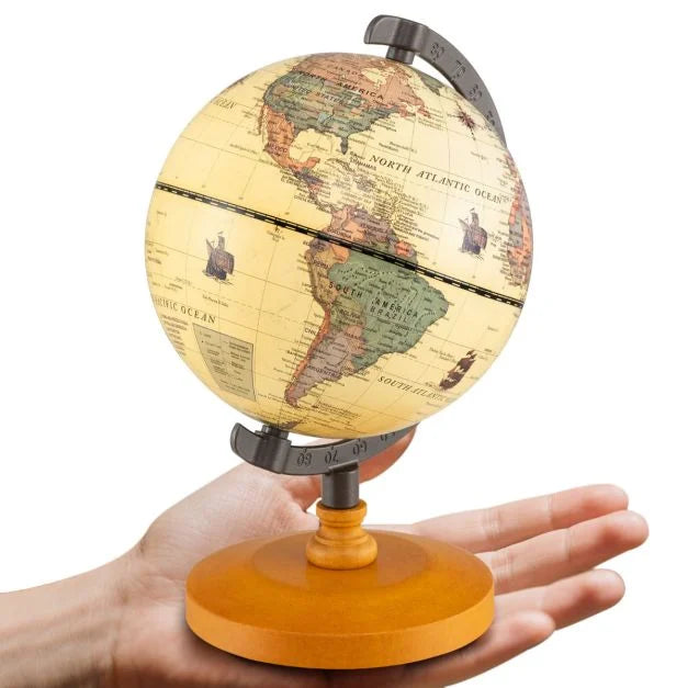 Antique-Style 14cm Globe with Wooden Base and Modern World Map