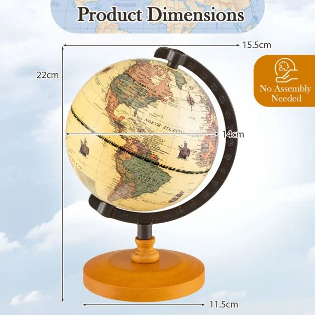 Antique-Style 14cm Globe with Wooden Base and Modern World Map