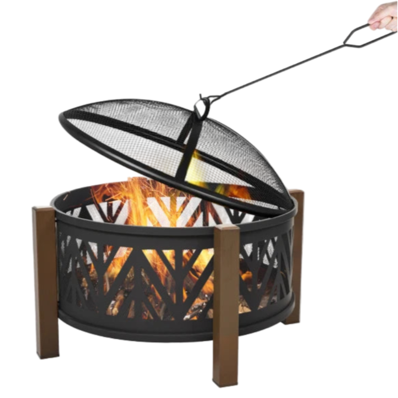 Metal Firepit Bowl Outdoor 2-in-1 with Lid, BBQ Grill & Poker, Black 78x78x60cm