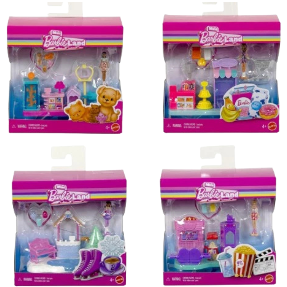 Barbie Mini Barbie Land JLG62 Set of 4 Mini Playsets with Miniature Dolls & Accessories Ages 4+