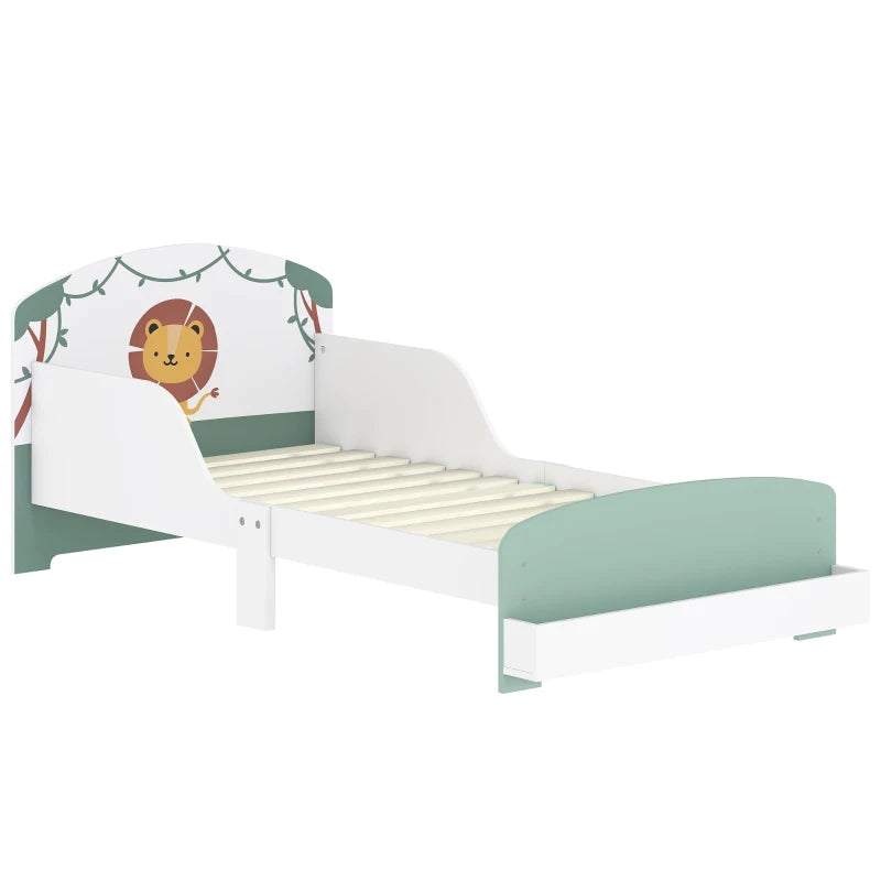 Toddler Bed – Lion Design, Storage, Guardrails, Green, 140x70cm