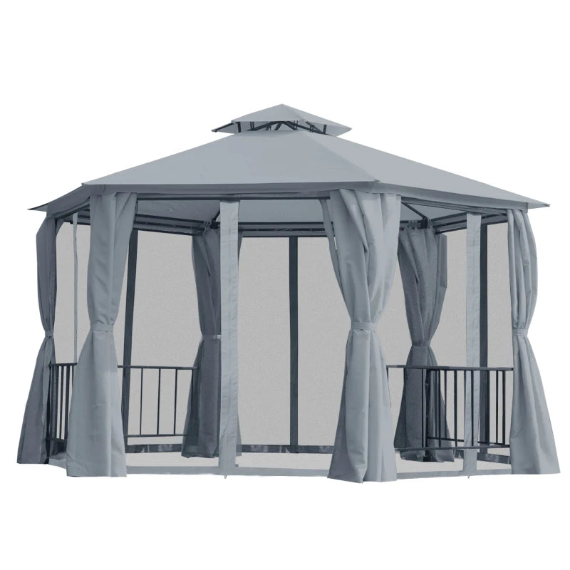 Grey Hexagon Gazebo Canopy Tent with Side Panels & 2-Tier Roof – Patio Shelter 3x3m