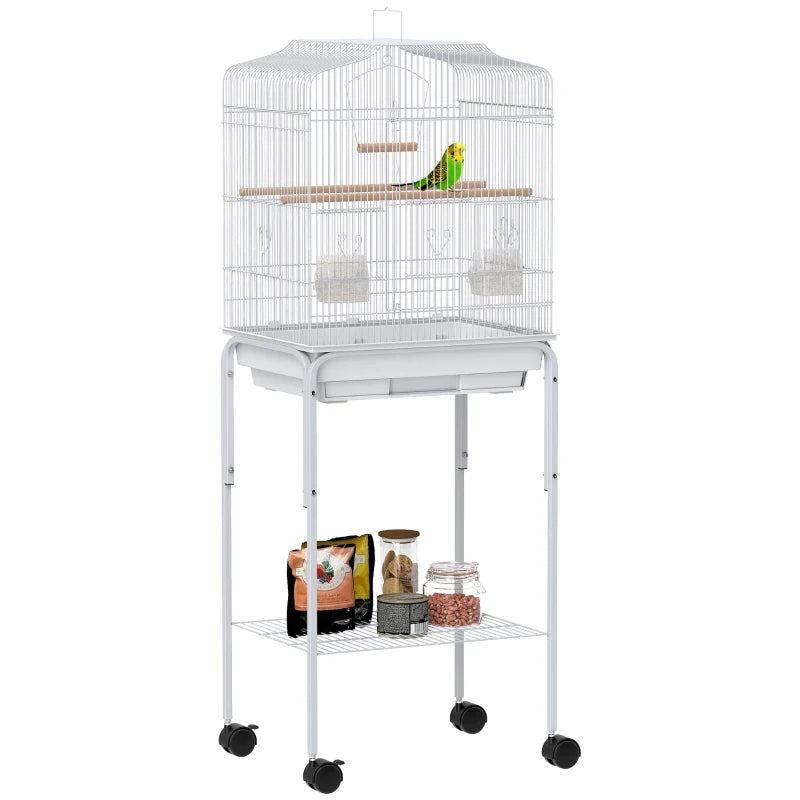 Bird Cage with Storage Shelf & Slide Tray – White