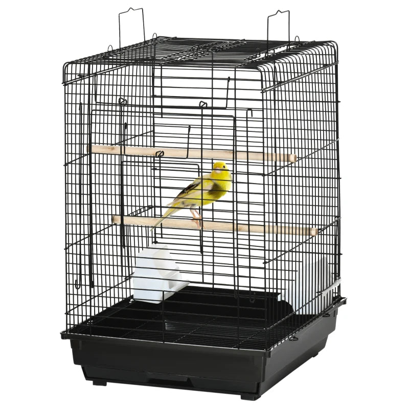 Steel Bird Cage with Stand, Tray, Handles & Bowls – Black