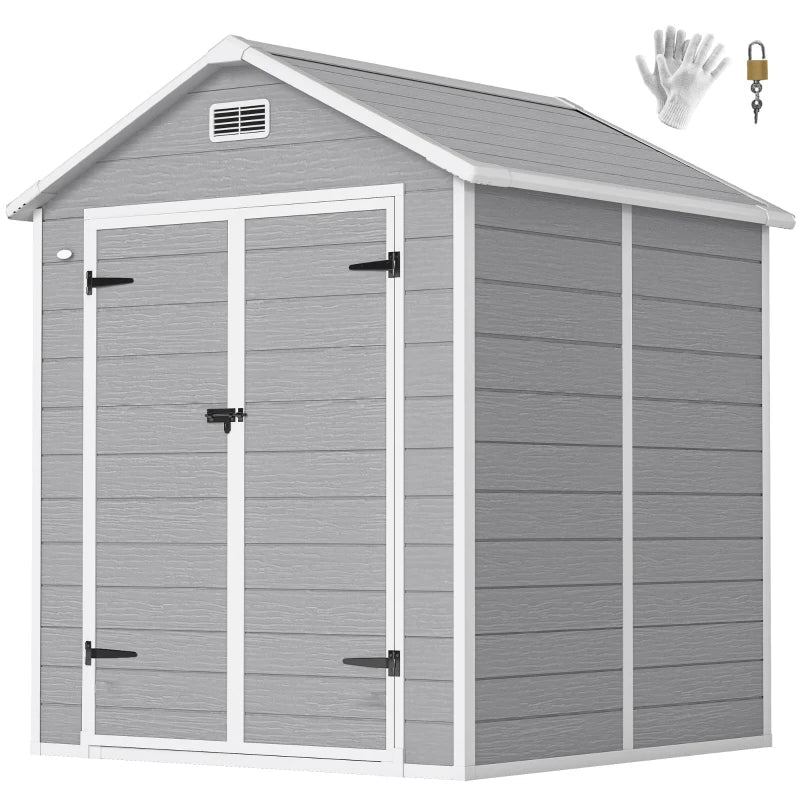 Plastic Garden Shed with Floor, Window, Lockable Doors & Vents, Wood Effect, 6x5 ft