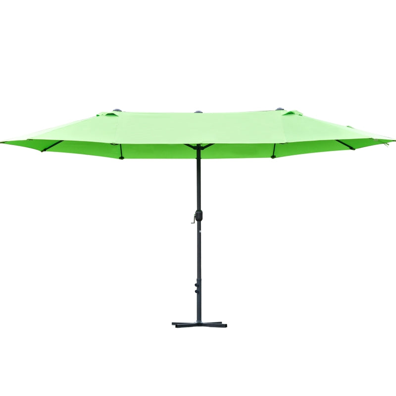 Sturdy green sun umbrella with double-sided crank and cross base for easy use 4.6m
