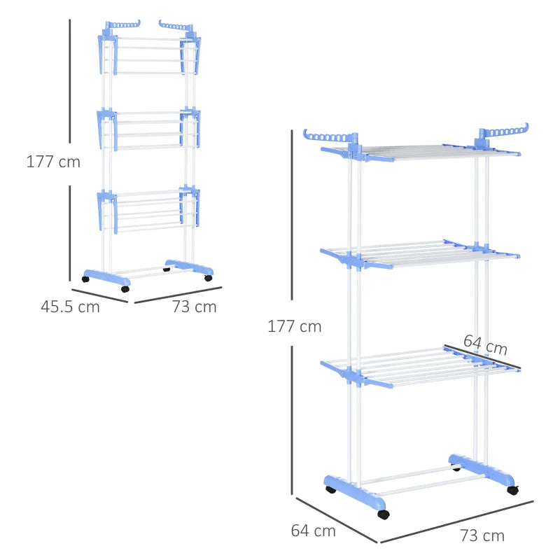 Blue Foldable 4-Tier Garment Drying Rack with Wheels for Indoor/Outdoor