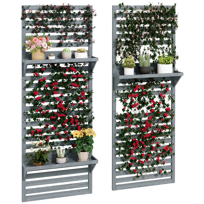 Wall Mounted Flower Shelves Set of 2, Fir Wood Plant Stands with Trellis for Porch