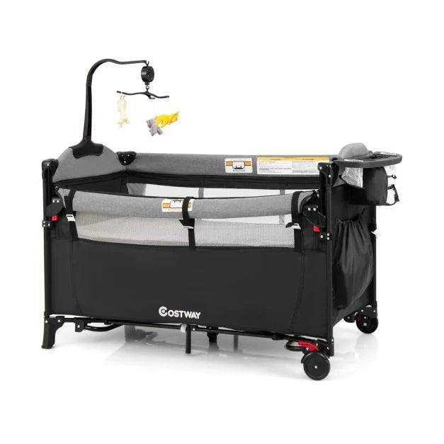 5-in-1 Bedside Baby Bassinet with Diaper Changer and Fun Hanging Toys