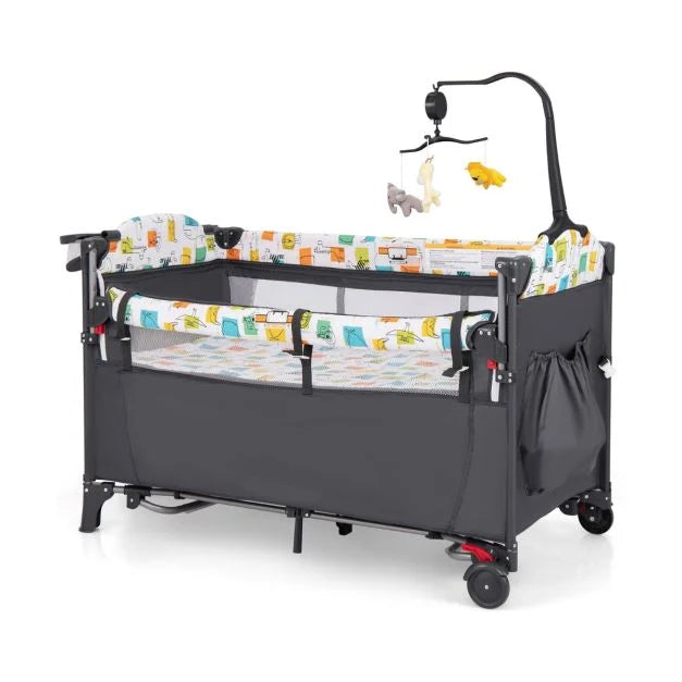 5-in-1 Bedside Baby Bassinet with Diaper Changer and Fun Hanging Toys