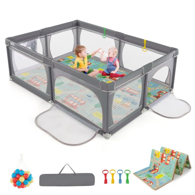Baby Playpen with Soft Mat and 4 Pull Rings for Safe and Fun Play