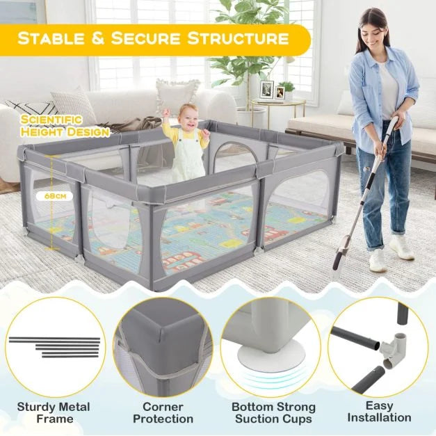 Baby Playpen with Soft Mat and 4 Pull Rings for Safe and Fun Play