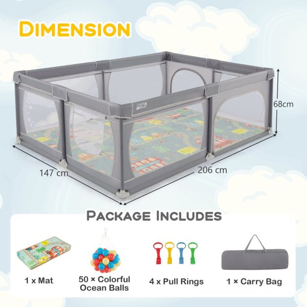Baby Playpen with Soft Mat and 4 Pull Rings for Safe and Fun Play