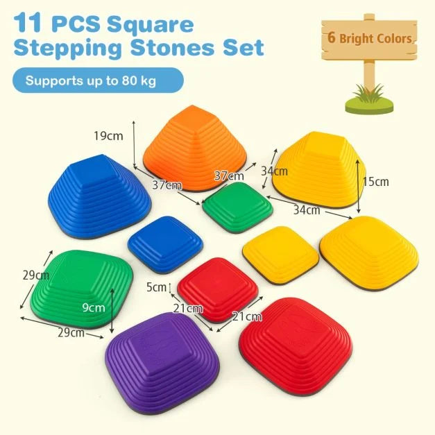 Kids Stepping Stone Balance Blocks, 11 Pieces with Full Non-Slip Rim