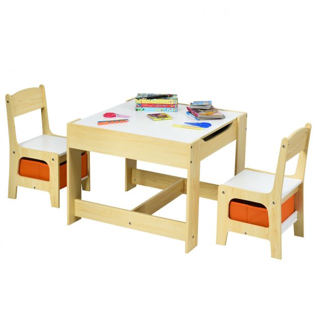 Kids Table and Chair Set with Double-Sided Tabletop and Storage Box