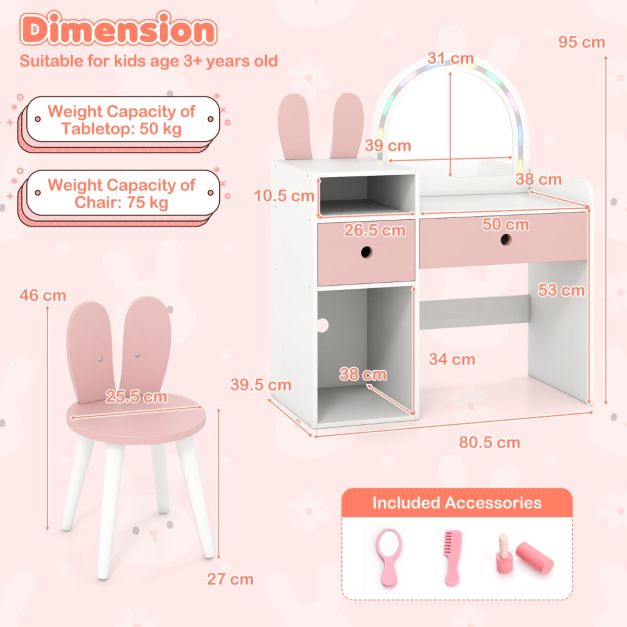 Kids Bunny Vanity Table and Chair Set with Lighted Mirror