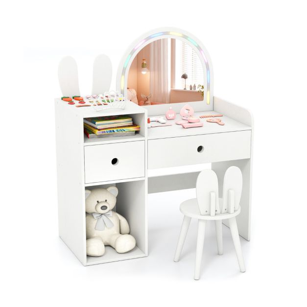 Kids Bunny Vanity Table and Chair Set with Lighted Mirror
