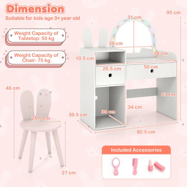 Kids Bunny Vanity Table and Chair Set with Lighted Mirror