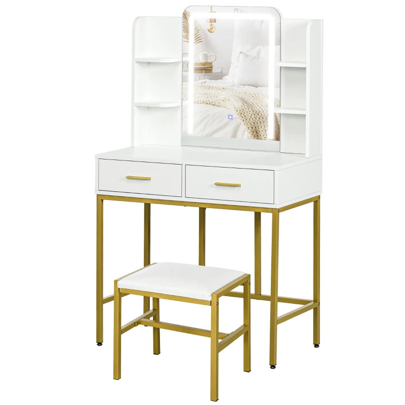 Vanity Table with LED Lights and Stool – Elegant White Design
