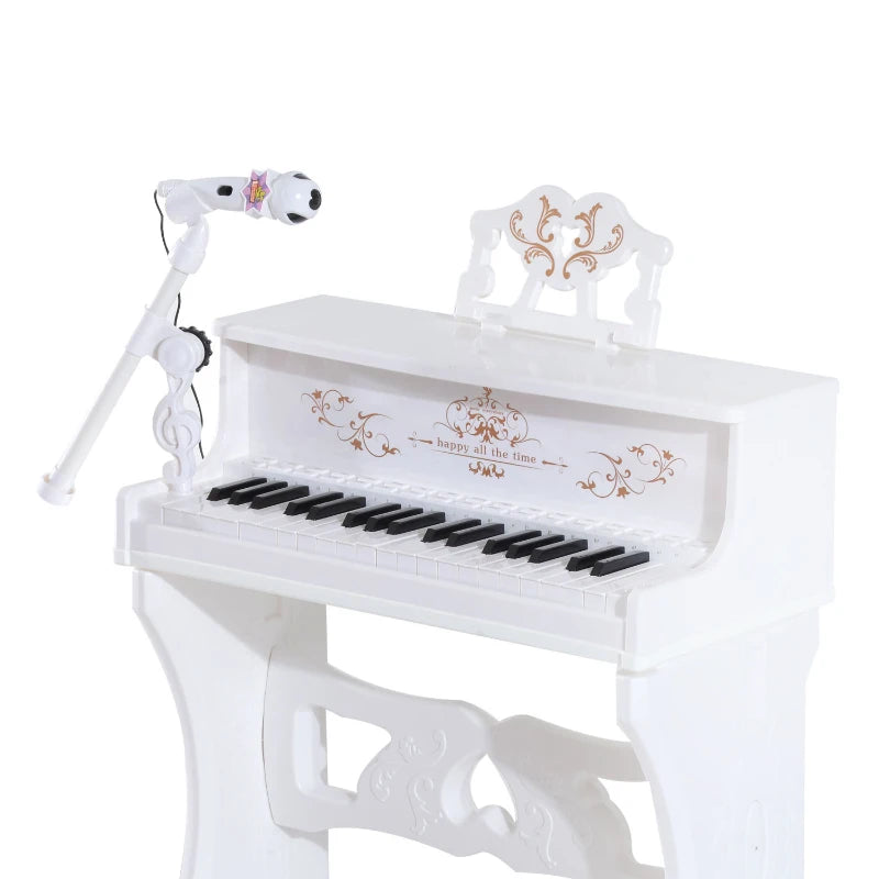 White Mini Piano Keyboard for Kids with 37 Keys, Stool, Microphone & Music Stand