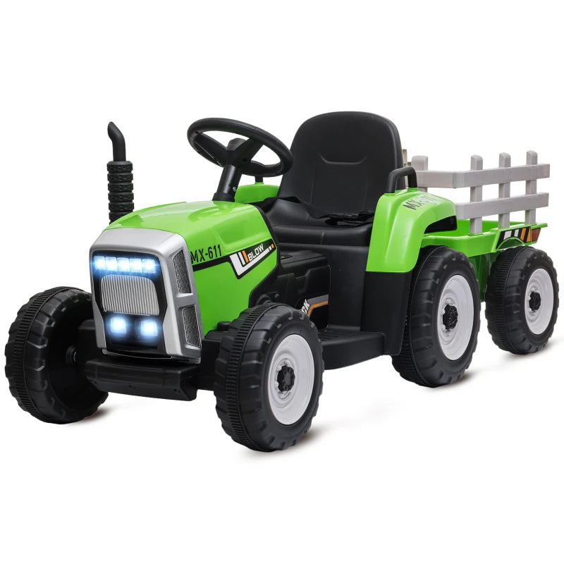 Kids Battery-Powered Ride-On Tractor with Trailer, Remote & Music Features - Green