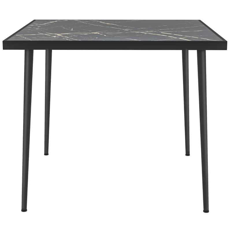Square Garden Dining Table for 4 with Tempered Marble Effect Glass, Steel Frame, Black