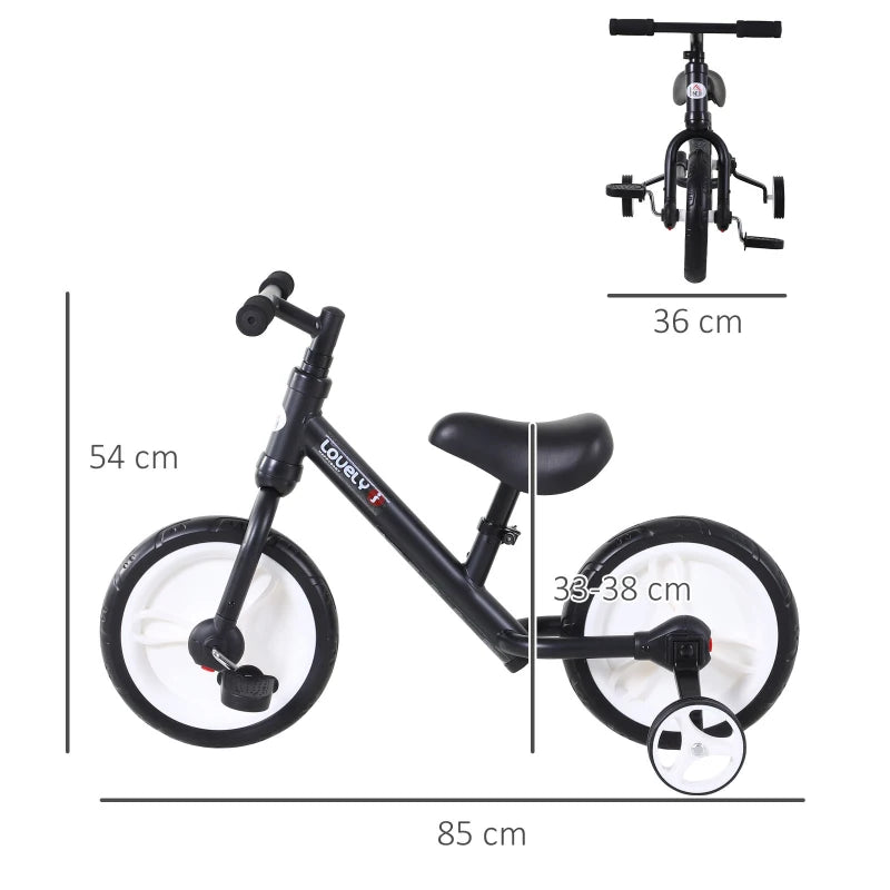Black 11" Kids Balance Bike, EVA Tyres, Adjustable Seat, Ages 2-5, with Stabilizers