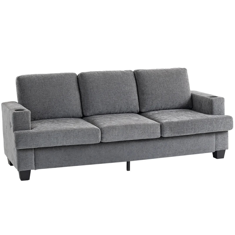 Grey Sofa – 3 Seats, USB Charging Ports & Cup Holders Included