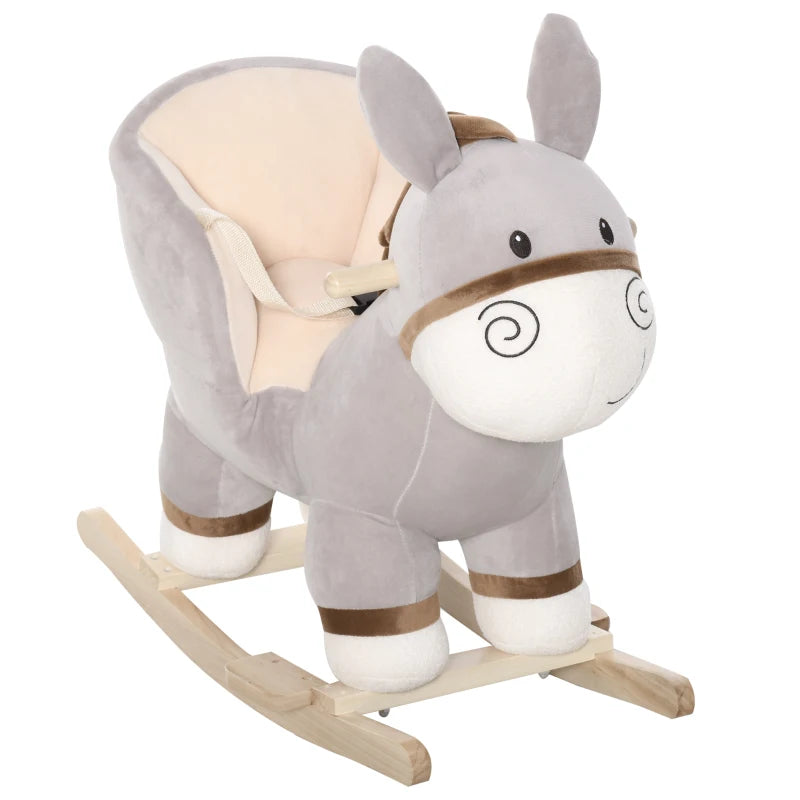 Safe and Sound Plush Donkey Rocking Horse Ride-On with Wooden Base for Toddlers