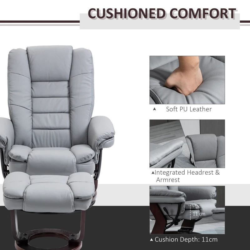 PU Leather Recliner Chair & Footstool, Swivel, 135° Recline – Grey