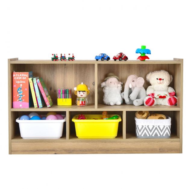 2-Tier Children’s Wooden Bookcase with 5 Storage Compartments