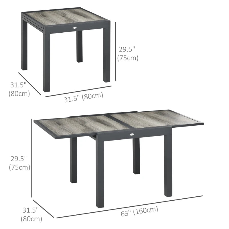 Extending Garden Table for 6, Aluminium Frame with Plastic Top, Grey, 80/160x80x75cm