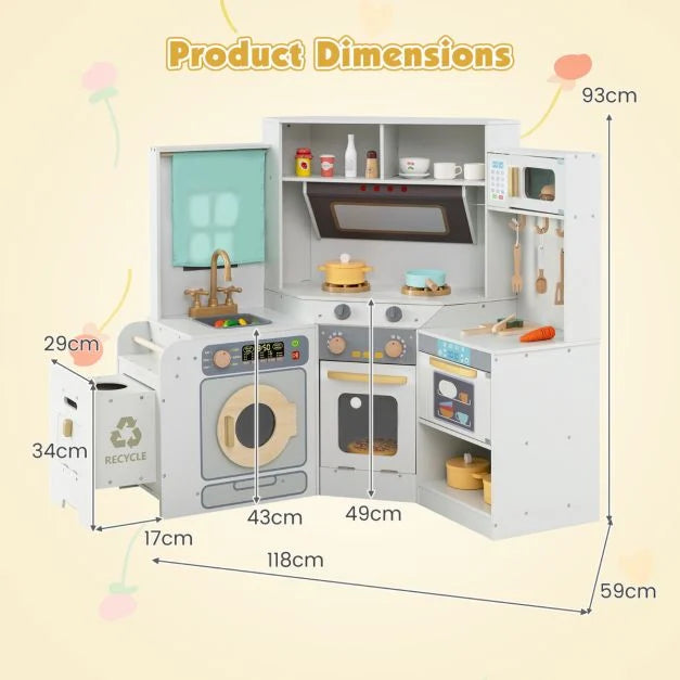 Corner Kitchen Playset for Kids with Pull-Out Trash Can & Role Play Fun