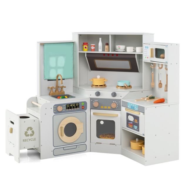 Corner Kitchen Playset for Kids with Pull-Out Trash Can & Role Play Fun