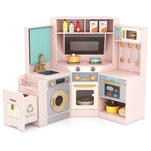 Corner Kitchen Playset for Kids with Pull-Out Trash Can & Role Play Fun