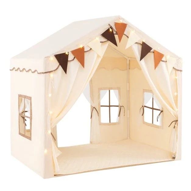 Large Kids Play Tent House with 2 Opening Doors, Star Lights, and Plaid Bunting