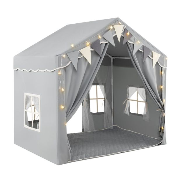 Large Kids Play Tent House with 2 Opening Doors, Star Lights, and Plaid Bunting