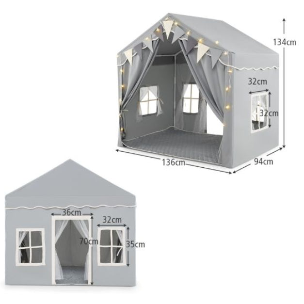 Large Kids Play Tent House with 2 Opening Doors, Star Lights, and Plaid Bunting