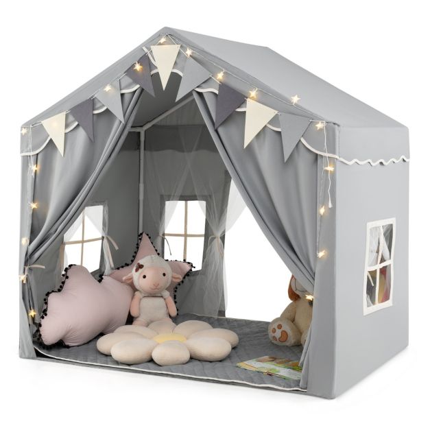 Large Kids Play Tent House with 2 Opening Doors, Star Lights, and Plaid Bunting