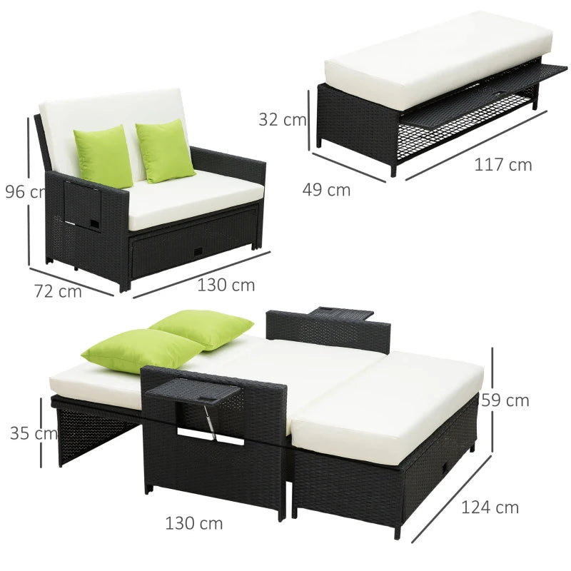 2-Seater Rattan Sun Lounger Sofa Bed with Cushions Black Outdoor Patio Furniture
