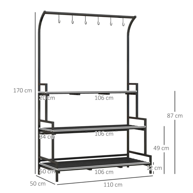 Stylish Black Plant Rack with Hanging Hooks – Tall Plant Stand, Indoor/Outdoor, 3-Tier
