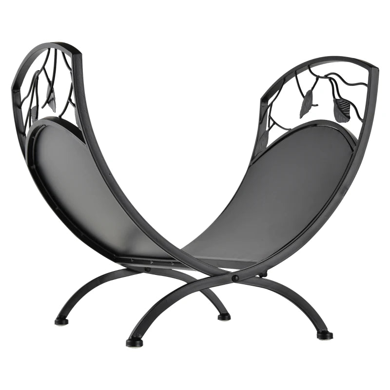 Folding Firewood Rack with Metal Arced Frame and Decorative Leaf Pattern Design