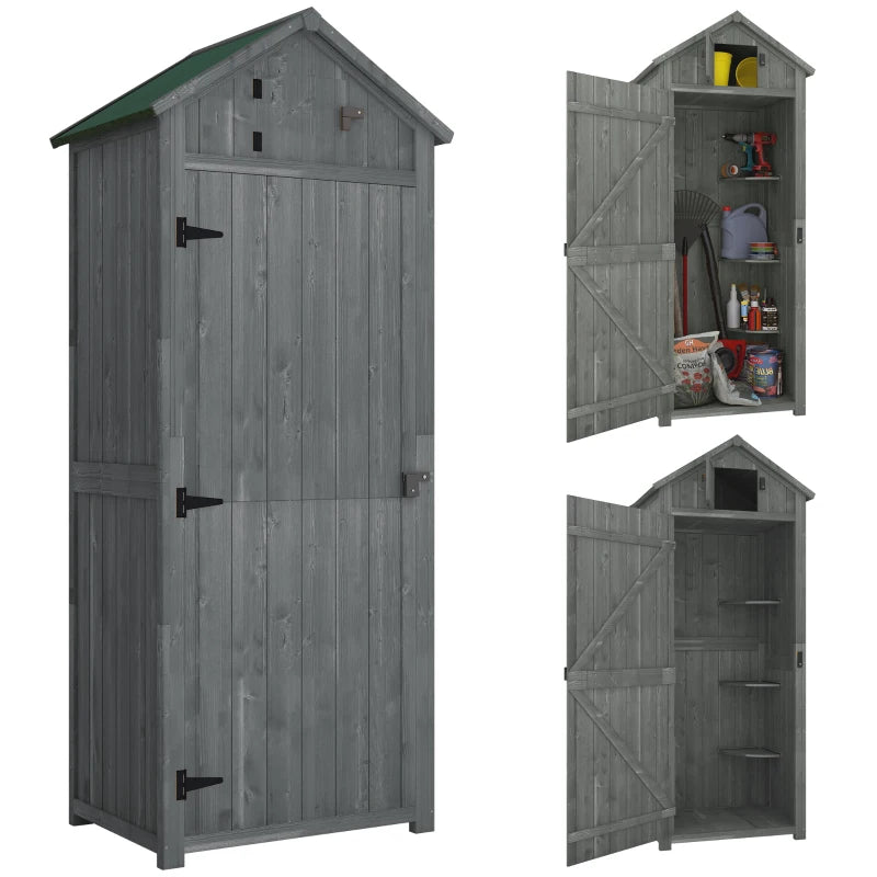 Grey Wooden Garden Shed with Lockable Double Doors, Shelving, and Roof Hatch for Outdoor Use